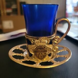 Vintage Louisana Blue Plastic Shot Glass Gold Metal Tray Holder Souvenir Japan